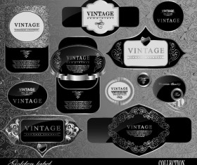 Black glass textured Label vector set 01