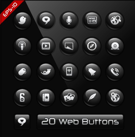 Glass texture black web buttons vector set 01