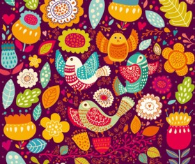 Cartoon birds and flowers pattern vector
