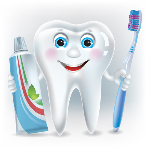 Cartoon cute tooth with toothpaste and toothbrush vector 02