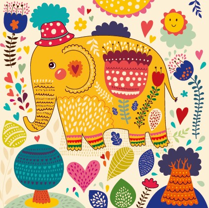 Cartoon flower and elephants vector 01