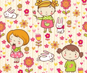 Cartoon kids with floral seamless pattern vector 01