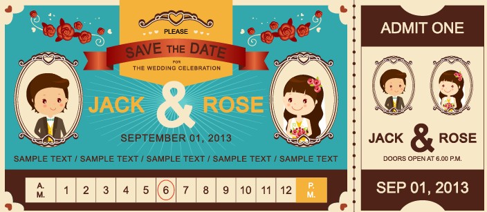 Cartoon style wedding ticket vector set 01