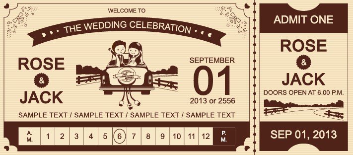Cartoon style wedding ticket vector set 02