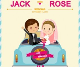 Cute cartoon style wedding invitation card vector 01