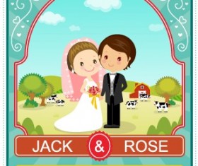 Cute cartoon style wedding invitation card vector 02