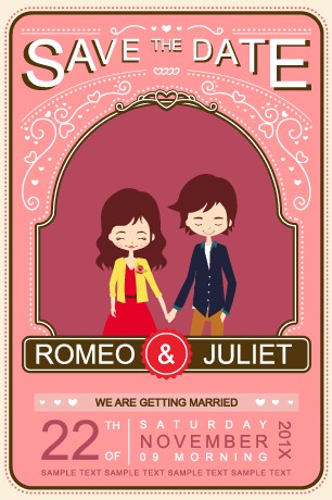 Cute cartoon style wedding invitation card vector 03