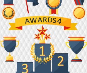 Medals with cup and awards elements vector set 01