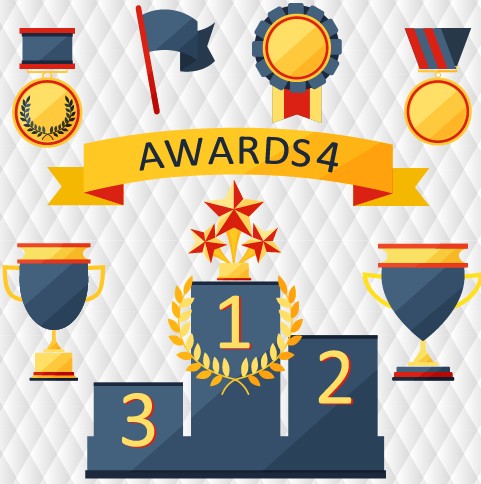 Medals with cup and awards elements vector set 01