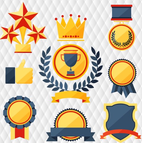 Medals with cup and awards elements vector set 02