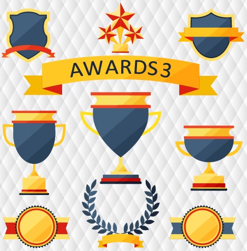 Medals with cup and awards elements vector set 03