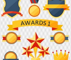 Medals with cup and awards elements vector set 04