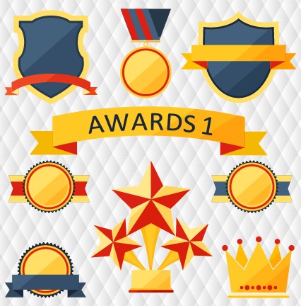 Medals with cup and awards elements vector set 04