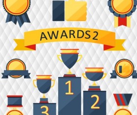 Medals with cup and awards elements vector set 05