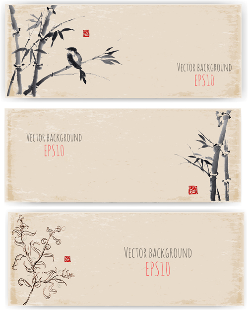 Water Ink bamboo banner vector 01