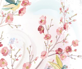 Watercolor flowers and birds vector material 01
