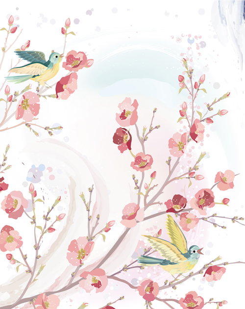 Watercolor flowers and birds vector material 01