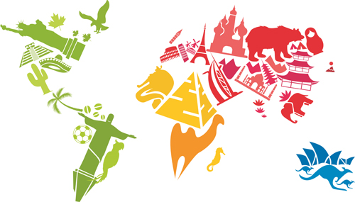 World famous buildings and animal colored silhouettes