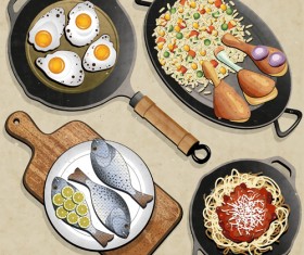 frying pan and food design vector 01