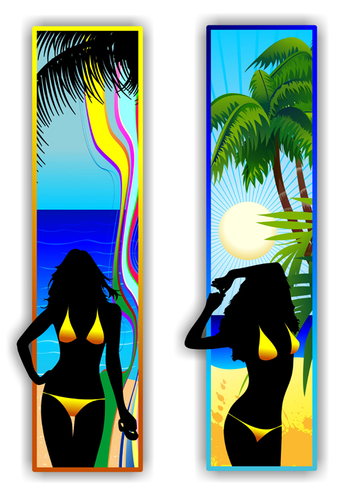 Beach travel people silhouette banner vector 01