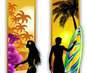 Beach travel people silhouette banner vector 02