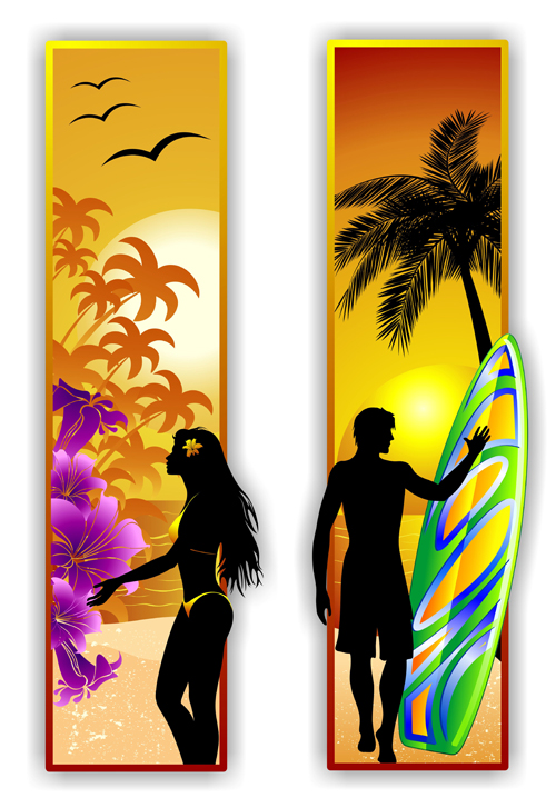 Beach travel people silhouette banner vector 02
