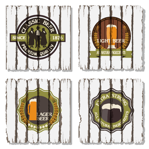 Beer labels with retro wood board vector 01