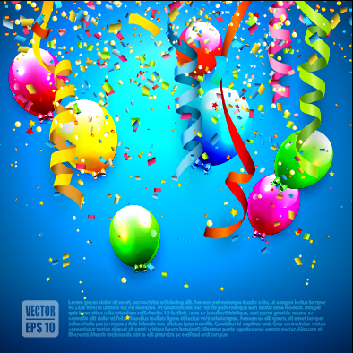 Birthday colored balloons with colorful ribbon background vector 01