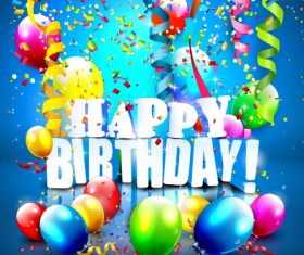 Birthday colored balloons with colorful ribbon background vector 03