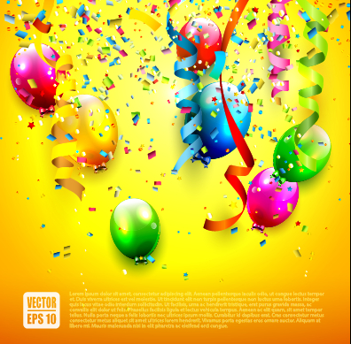 Birthday colored balloons with colorful ribbon background vector 04