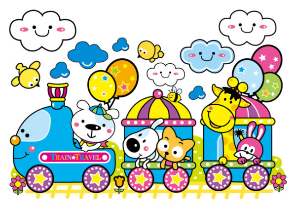 Cartoon train and small animals vector