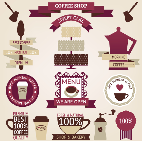 Coffee menu labels and ribbon banner vector 02