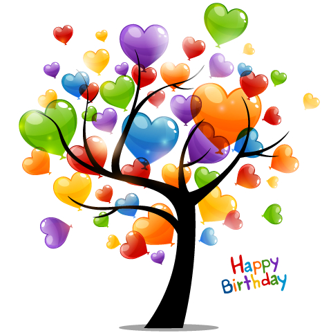 Colored heart tree happy birthday card vector
