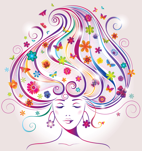 Creative floral hair with woman vector 02