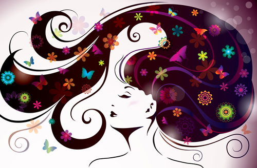 Creative floral hair with woman vector 04