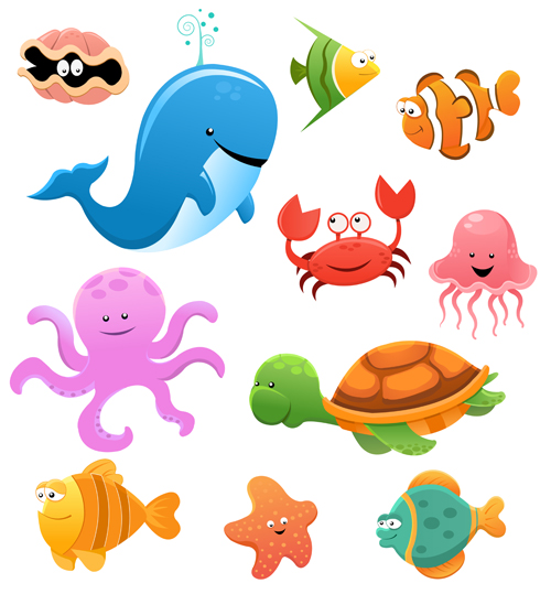 Cute cartoon marine animals vector graphics
