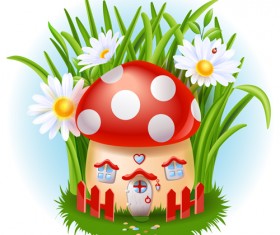Cute mushroom house and white flower vector