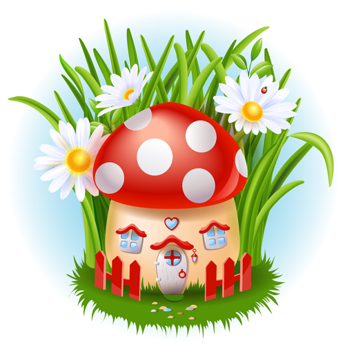 Cute mushroom house and white flower vector