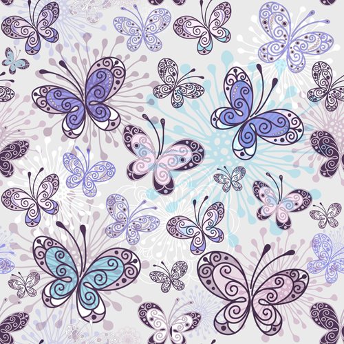 Floral butterflies seamless pattern vector set 02
