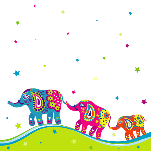 Floral elephants with happy birthday background vector 01