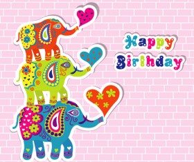 Floral elephants with happy birthday background vector 03