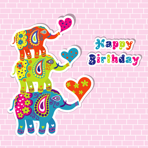 Floral elephants with happy birthday background vector 03