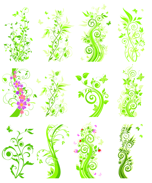 Floral green ornaments vector set 01