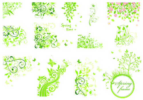 Floral green ornaments vector set 02