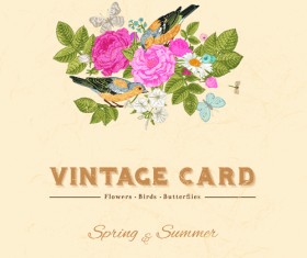 Flower with birds and butterflies vintage card vector 01