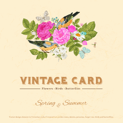 Flower with birds and butterflies vintage card vector 01