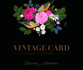Flower with birds and butterflies vintage card vector 02