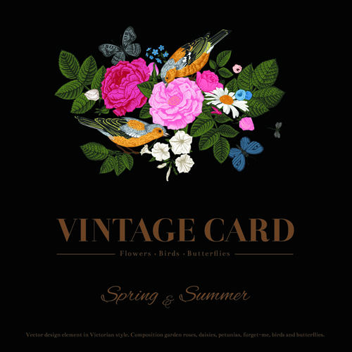 Flower with birds and butterflies vintage card vector 02