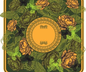 Flower with butterfly and round frames background vector 02