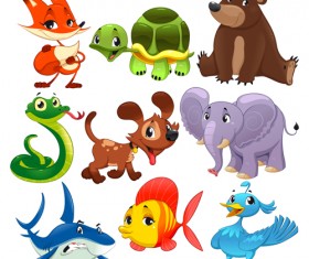 Funny cartoon animal and fish with bird vector
